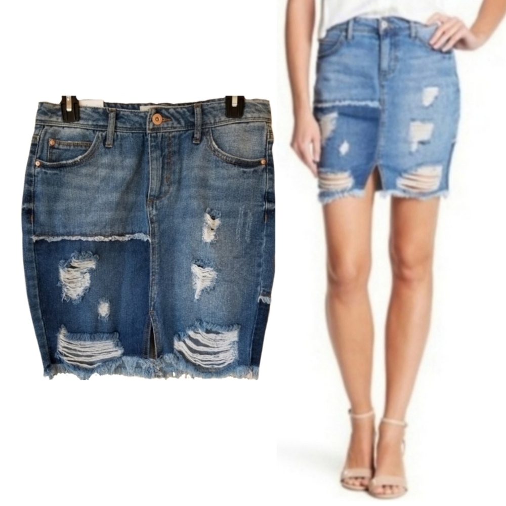 Distressed Denim Jean Skirt in Light Wash Blue, 27 Waist Size 6